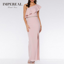 Women Diamante Waistband Maxi Ruffle Layer Neckline Peach Bridesmaid Pink Dress